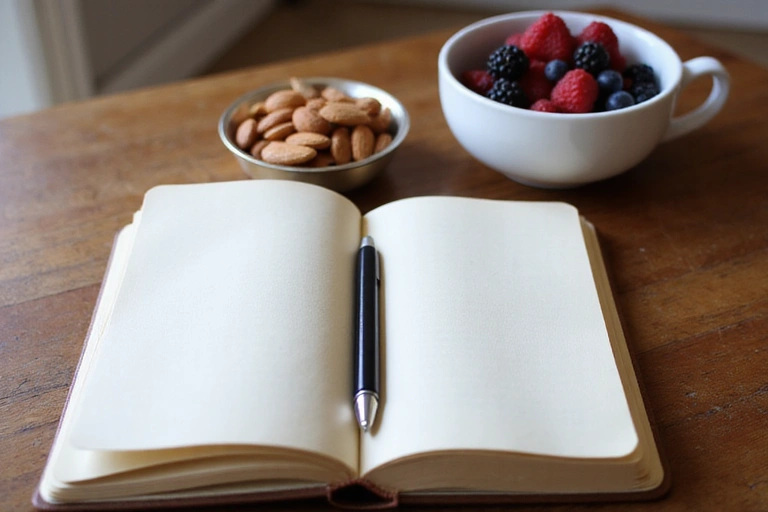 Open notebook with a pen and healthy snack, cozy setting, no text