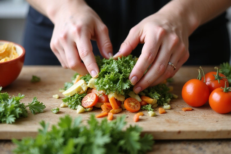 Someone preparing a fresh salad with various vegetables, hands visible, no text
