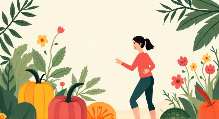 Ilustración de conceptos de bienestar y salud, con frutas, verduras, una persona activa y elementos que representan equilibrio y energía.
